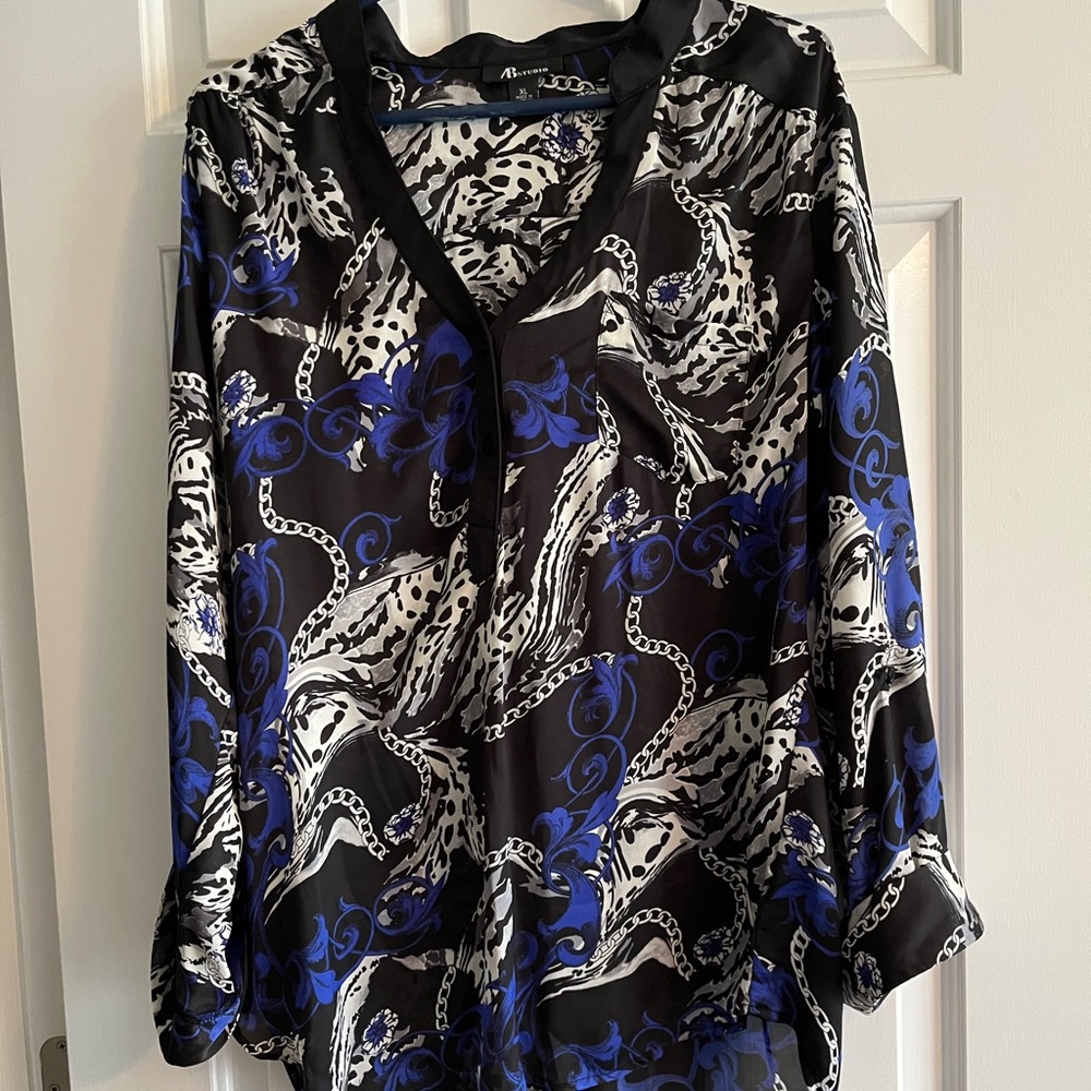 Gorgeous, sheer black, white & blue blouse